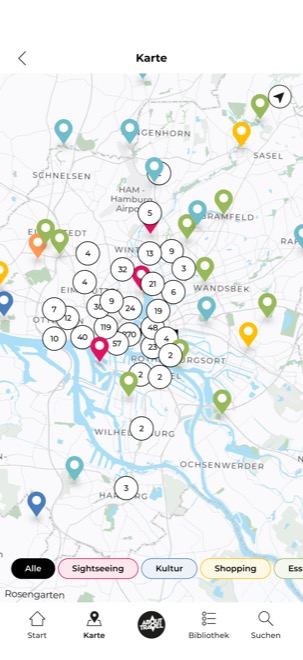 Interaktive Hamburg-Karte mit farbkodierten Sehenswürdigkeiten in der About Travel App