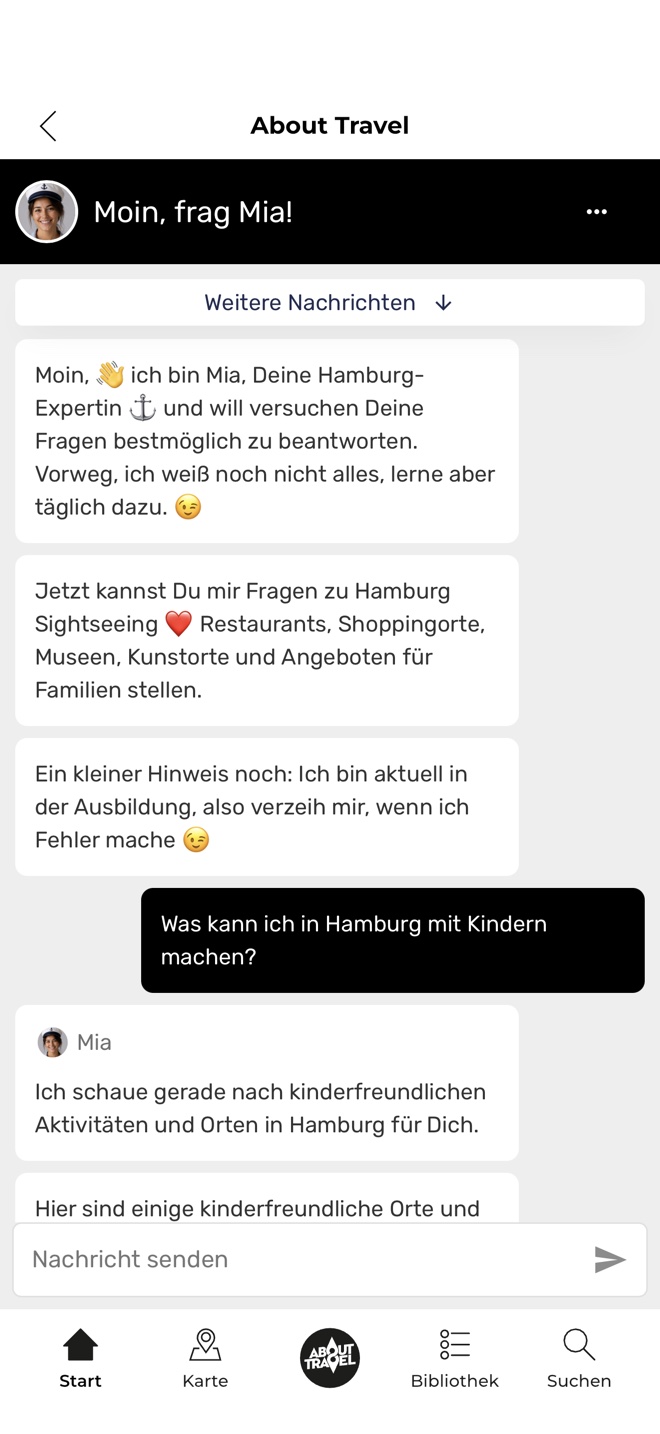 Chat mit der KI-Assistentin Mia in der About Travel App