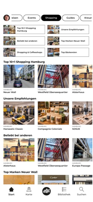 Shopping-Bereich der Hamburg App mit Top-Marken am Neuen Wall und in der HafenCity